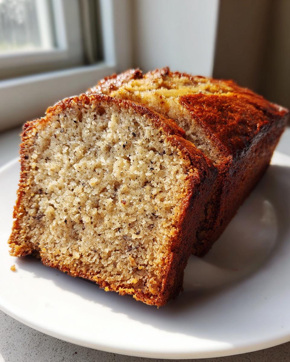 Two thick slices of moist protein banana bread with a golden-brown crust, displayed on a white plate.