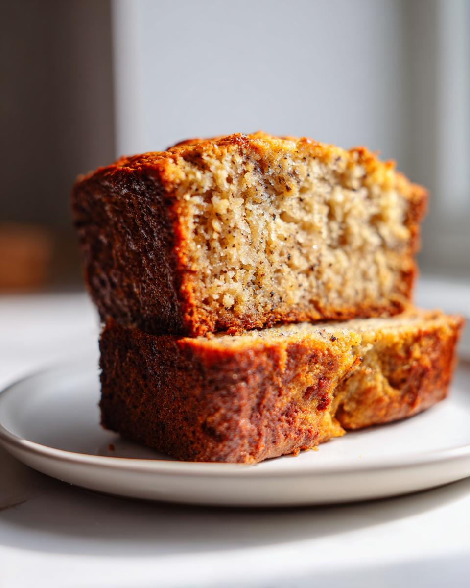 Two thick slices of moist protein banana bread stacked on a white plate, showing a rich brown crust.