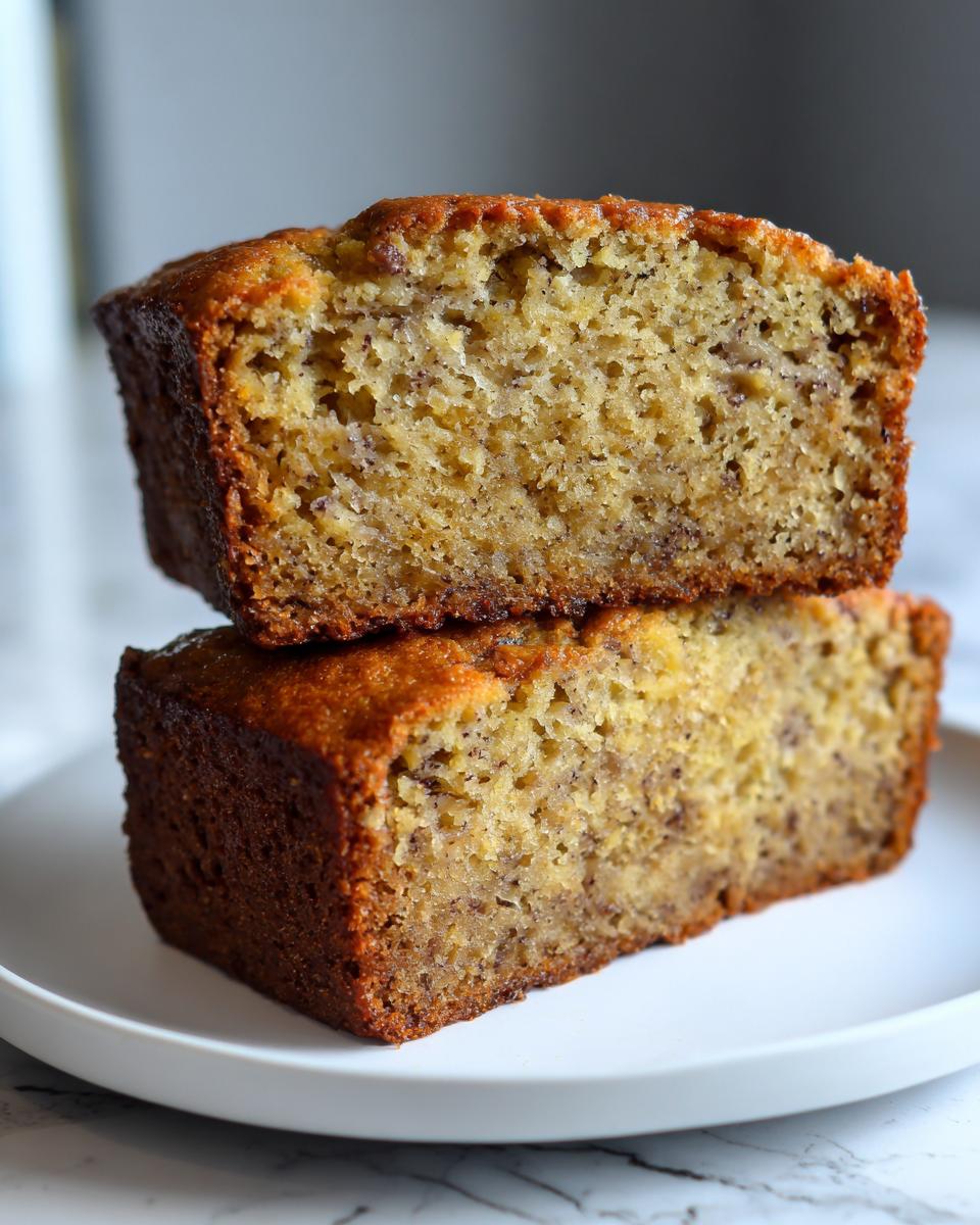 Two thick slices of moist protein banana bread stacked on a white plate, showing the dense, speckled interior.