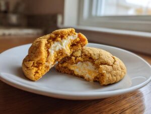 A soft pumpkin cheesecake cookie broken in half showing the creamy white cheesecake filling.