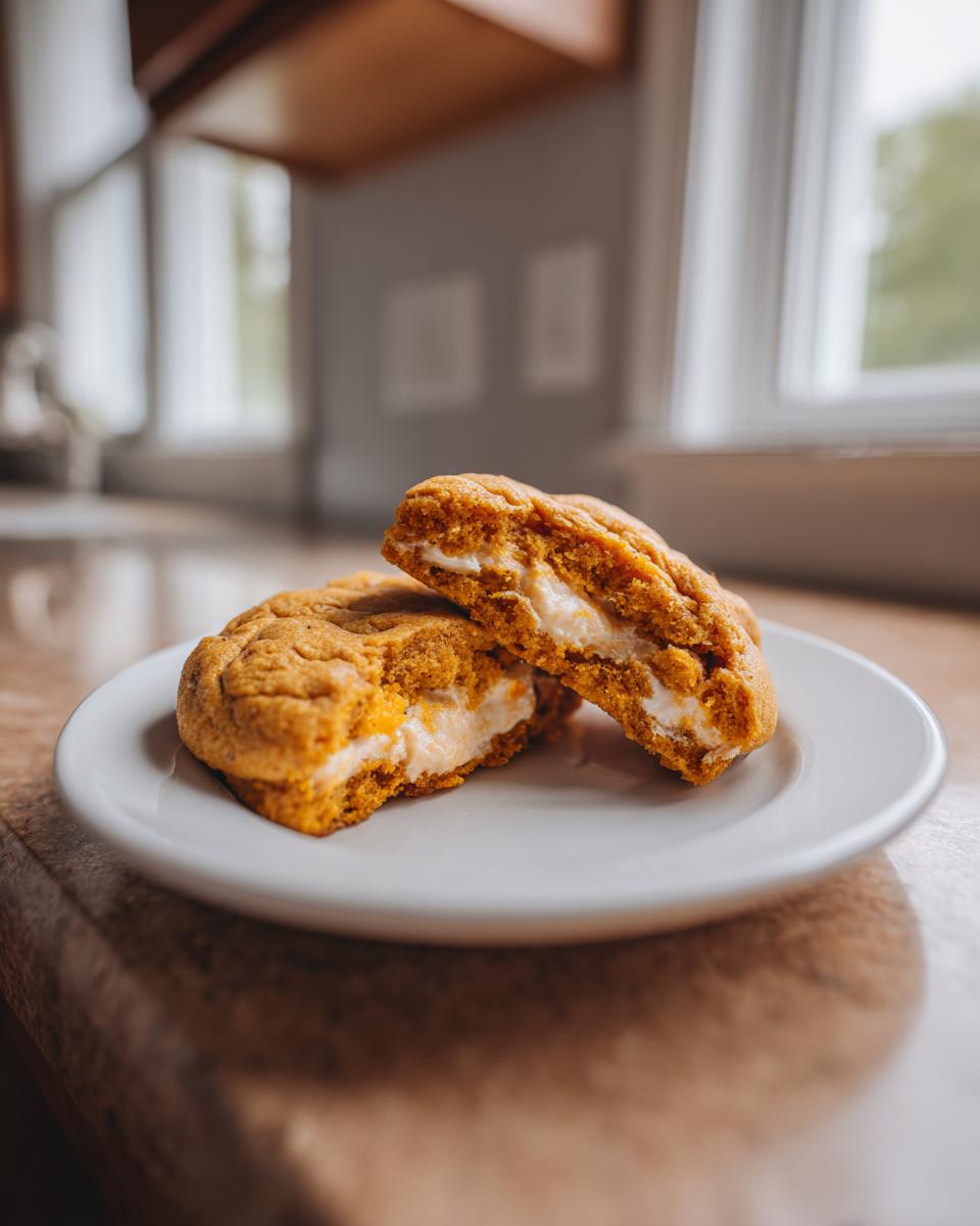 Two halves of a soft pumpkin cheesecake cookie showing the creamy white filling inside.