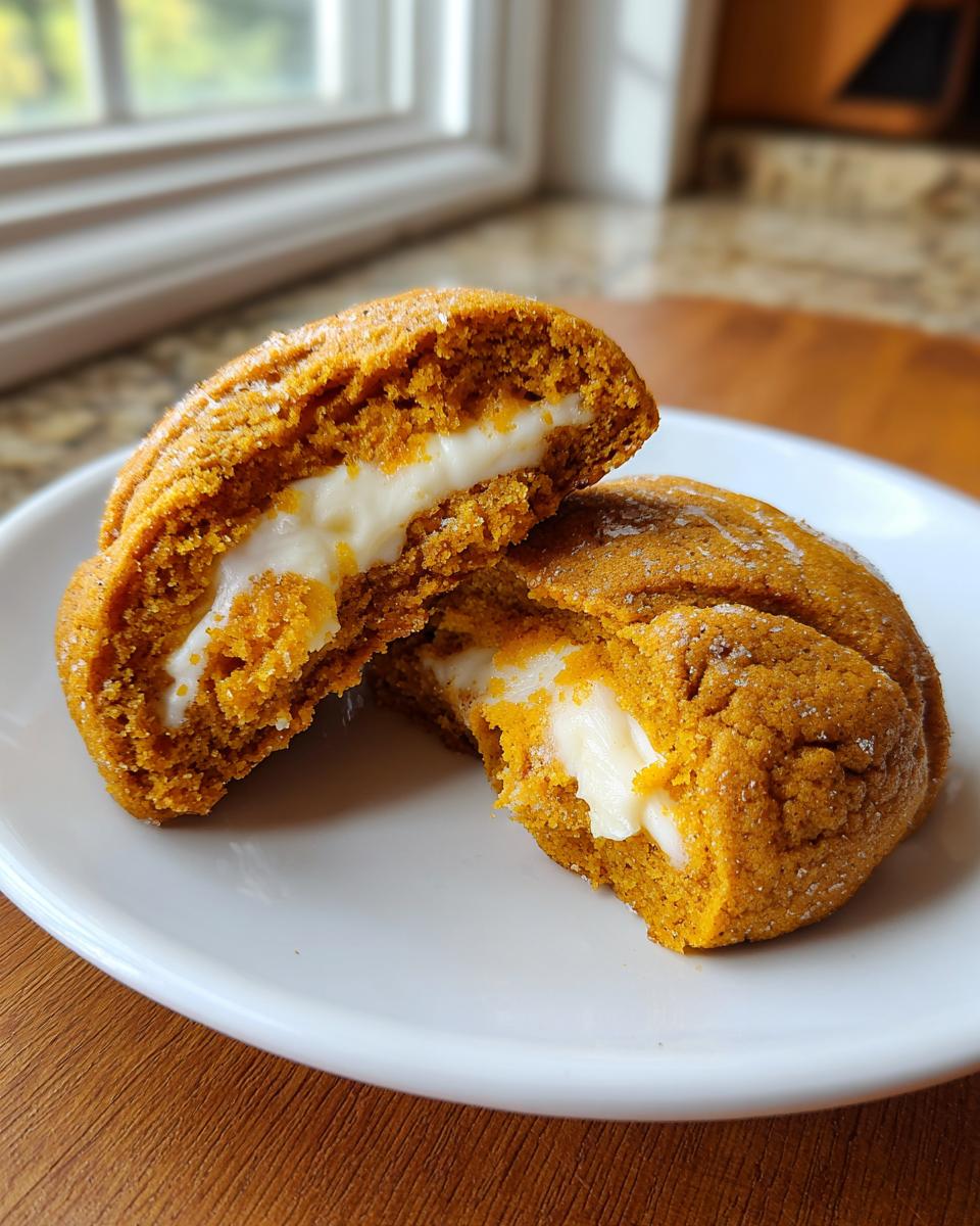 Two halves of a soft, orange pumpkin cheesecake cookie broken open to show the creamy white filling.