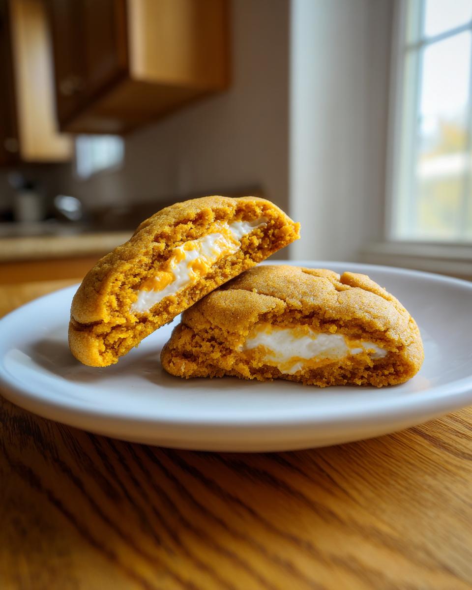 A pumpkin cheesecake cookie cut in half showing the creamy white cheesecake filling inside the soft pumpkin cookie.