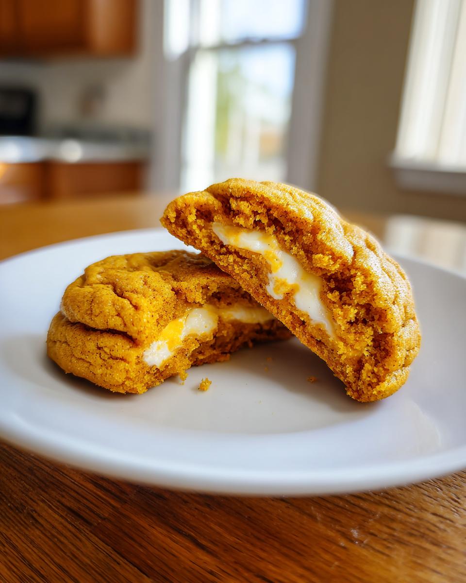 A pumpkin cheesecake cookie cut in half, revealing a creamy white cheesecake filling inside the soft pumpkin cookie.