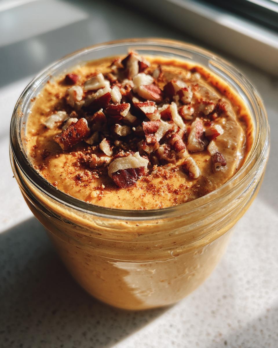 Overhead close-up of creamy pumpkin pie overnight oats topped with chopped pecans and cinnamon.