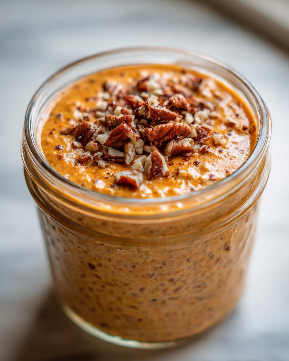 Close-up of creamy pumpkin pie overnight oats topped generously with chopped pecans in a glass jar.