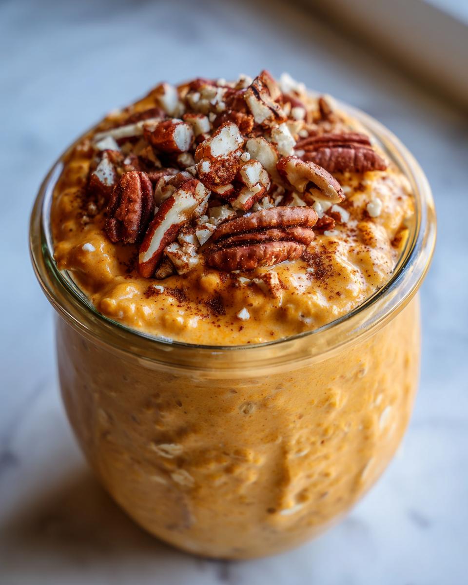 Close-up of pumpkin pie overnight oats topped with chopped pecans and cinnamon.