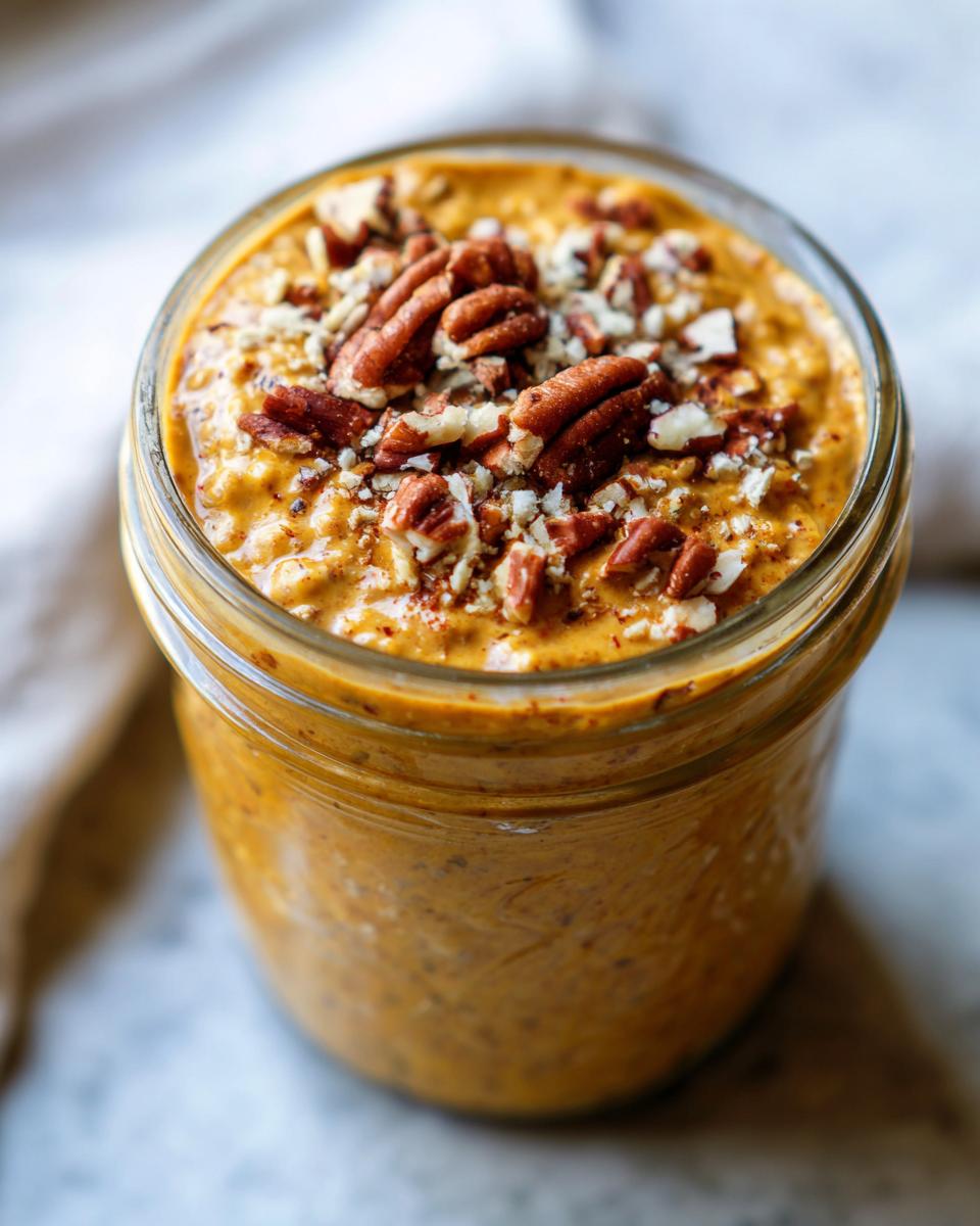 Close-up of creamy pumpkin pie overnight oats topped generously with chopped pecans in a glass jar.