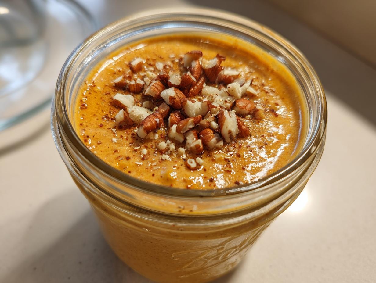 Close-up of creamy pumpkin pie overnight oats topped with chopped pecans and cinnamon in a glass jar.