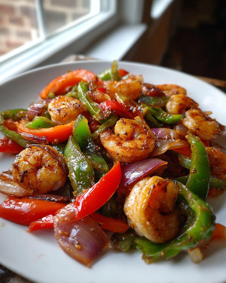 Close-up of perfectly seasoned shrimp fajitas with sautéed red and green bell peppers and red onions.