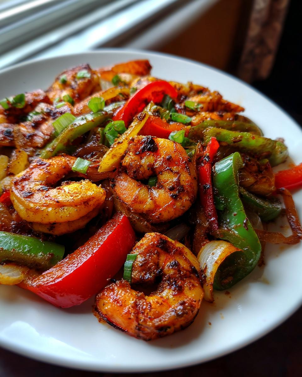 Close-up of perfectly seasoned, charred shrimp fajitas mixed with vibrant red and green bell peppers and onions.