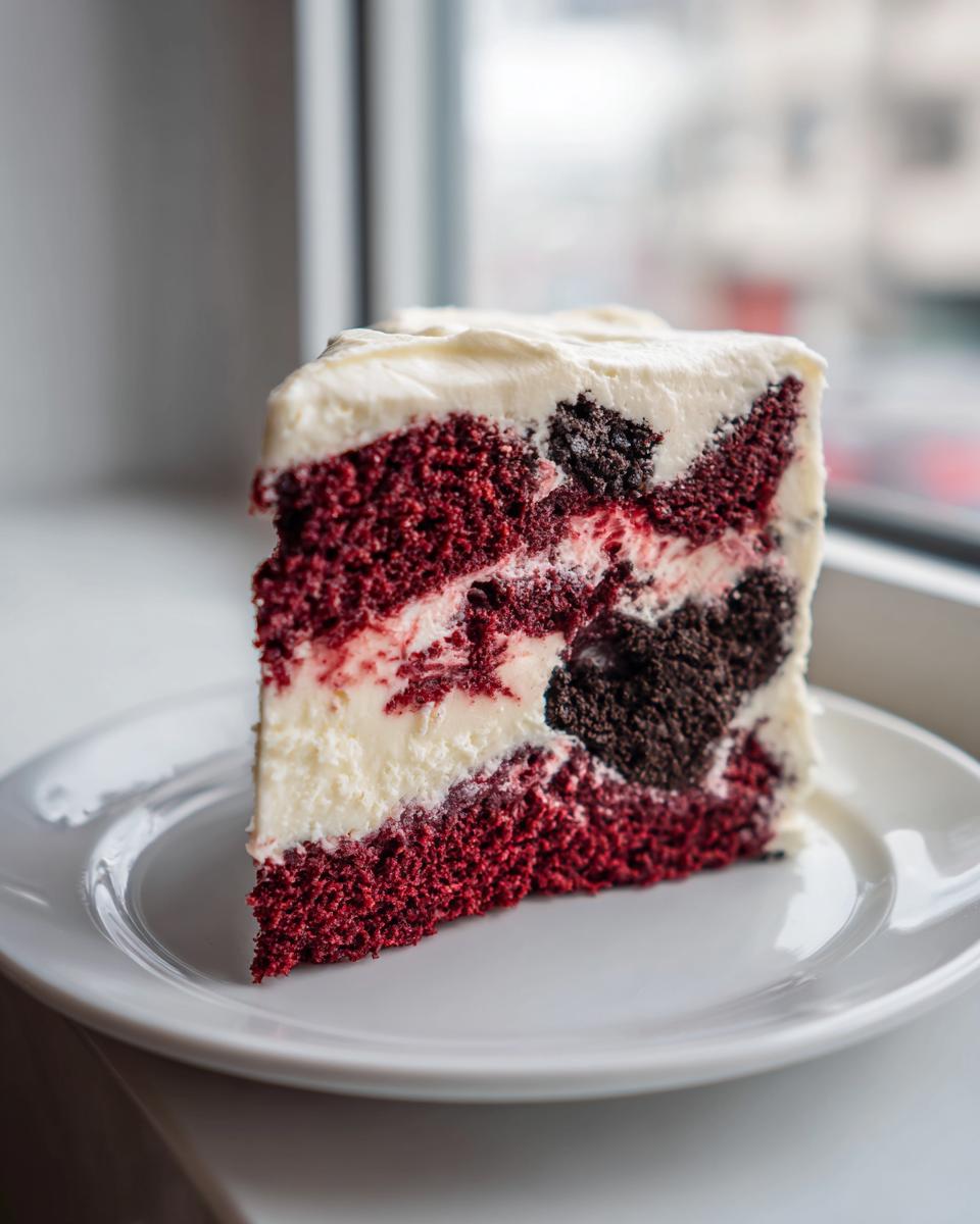 A tall slice of red velvet cheesecake featuring layers of deep red cake, white cheesecake filling, and dark chocolate pieces.