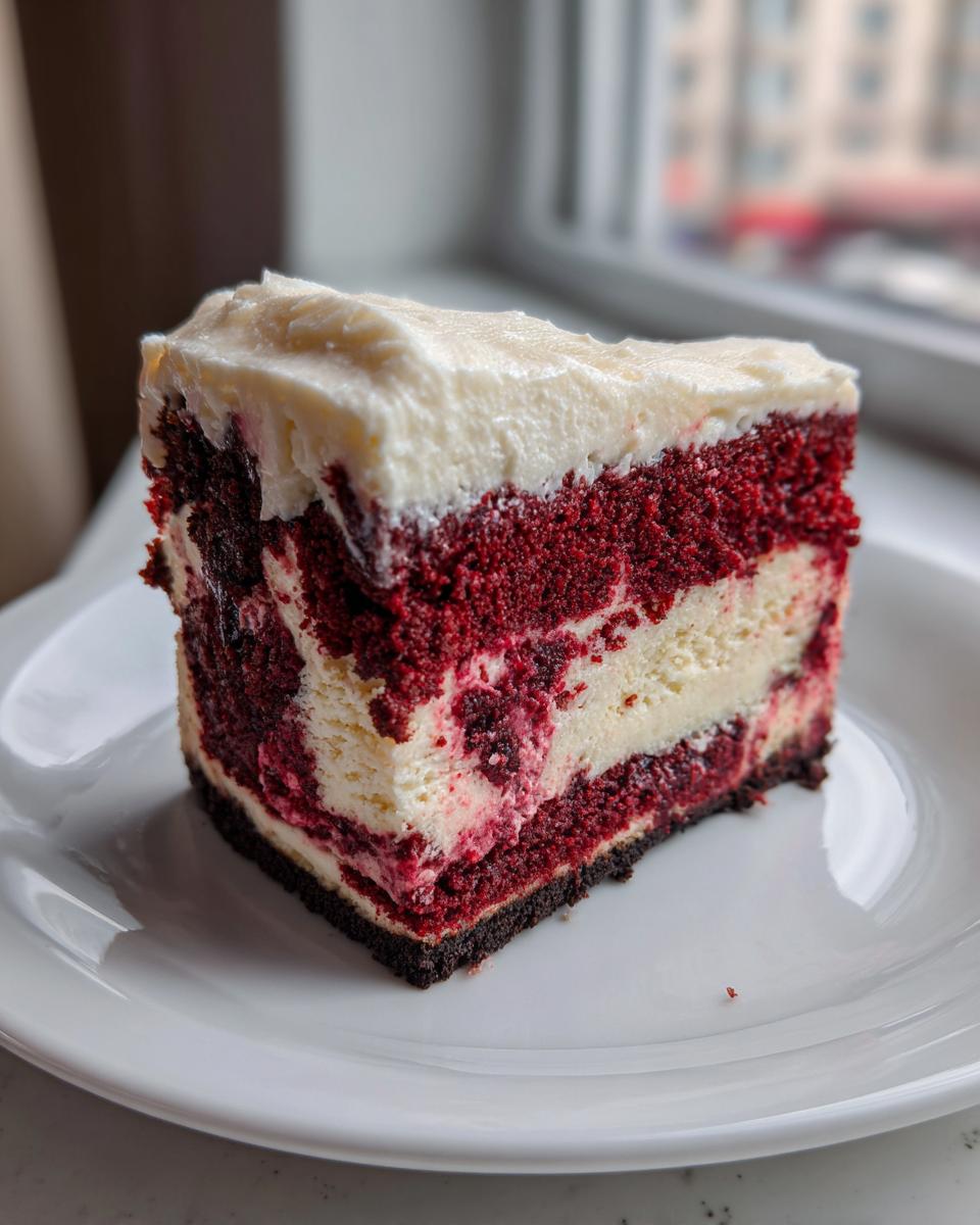 A thick slice of red velvet cheesecake with marbled red cake layers and white cheesecake filling, topped with cream cheese frosting.