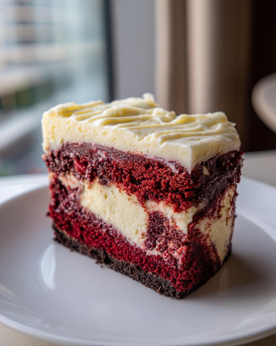 A tall slice of red velvet cheesecake featuring layers of red cake and white cheesecake filling, topped with cream cheese frosting.