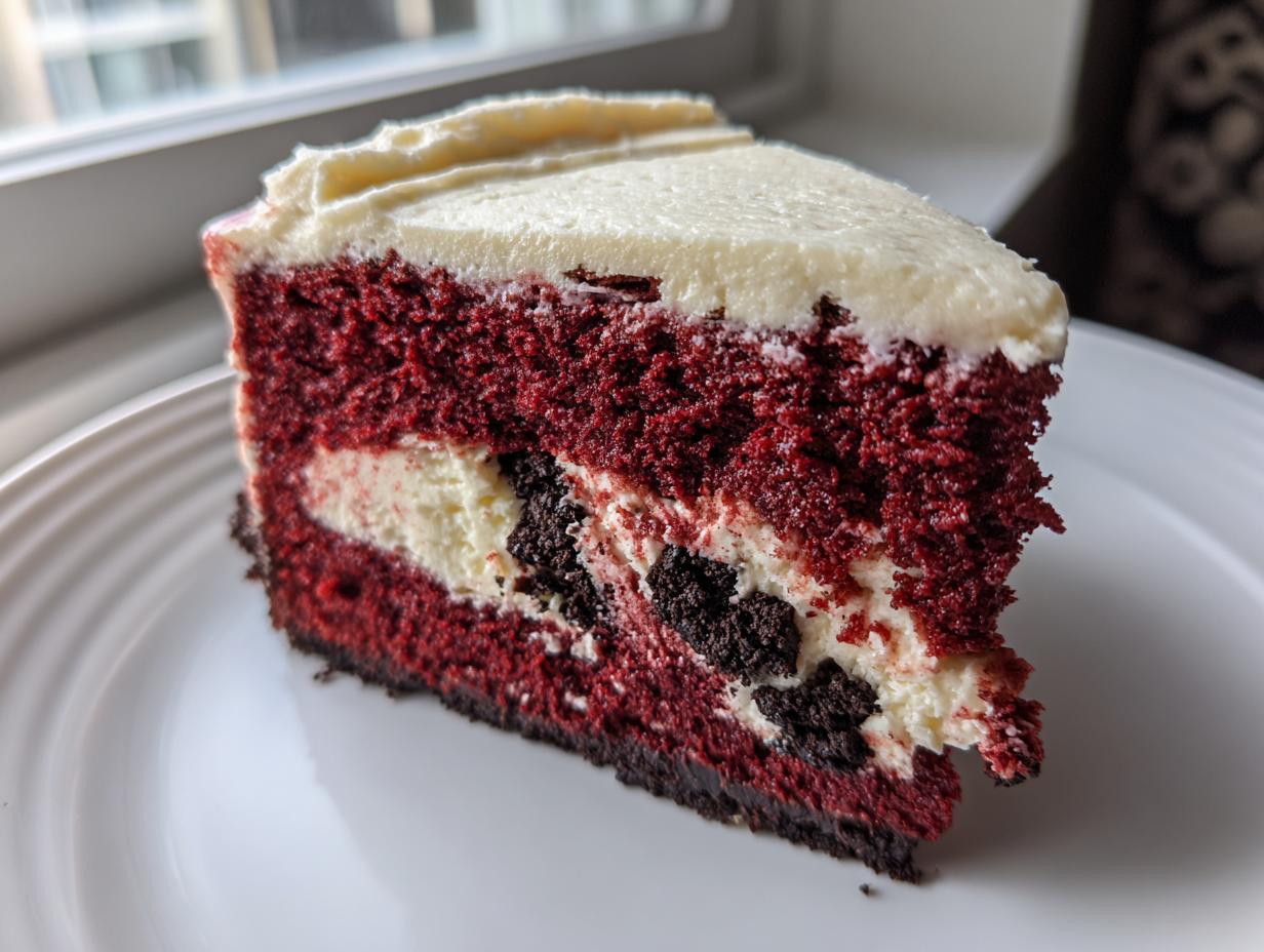 A decadent slice of red velvet cheesecake featuring layers of deep red cake, white cream cheese filling, and dark cookie crumbles.