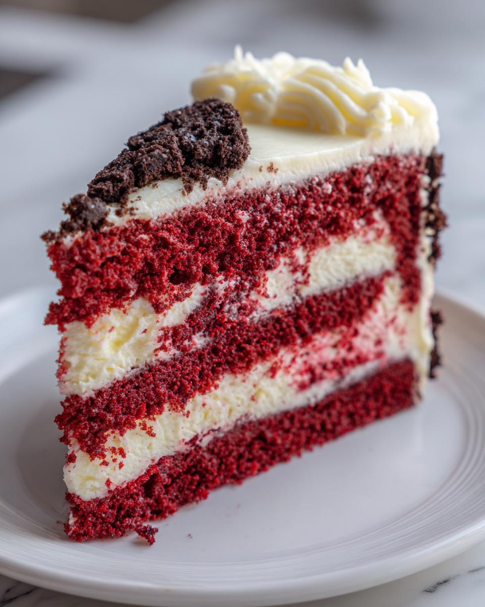 Close-up of a perfect slice of red velvet cheesecake showing alternating red cake and white cream cheese layers.