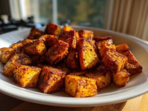 A close-up of perfectly seasoned and caramelized roasted sweet potatoes piled high on a white serving dish.