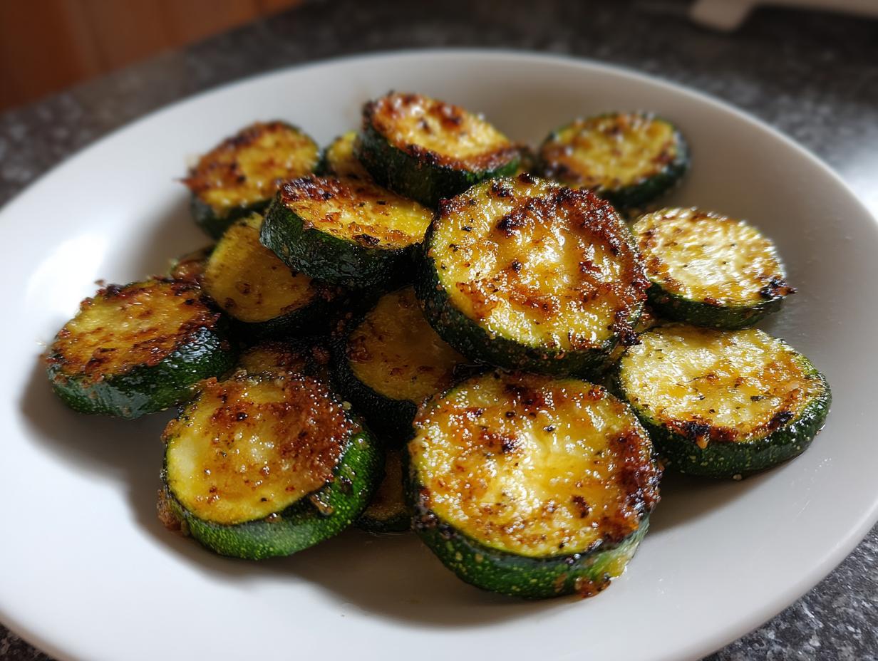Close-up of perfectly browned and seasoned sautéed zucchini slices piled on a white plate.