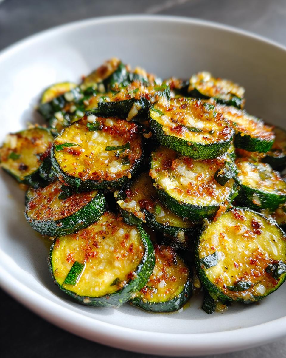 Close-up of perfectly browned, sliced sautéed zucchini seasoned with garlic and herbs in a white serving bowl.