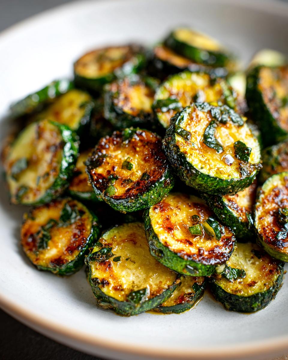 Close-up of golden brown, caramelized sauteed zucchini slices seasoned with herbs on a white plate.