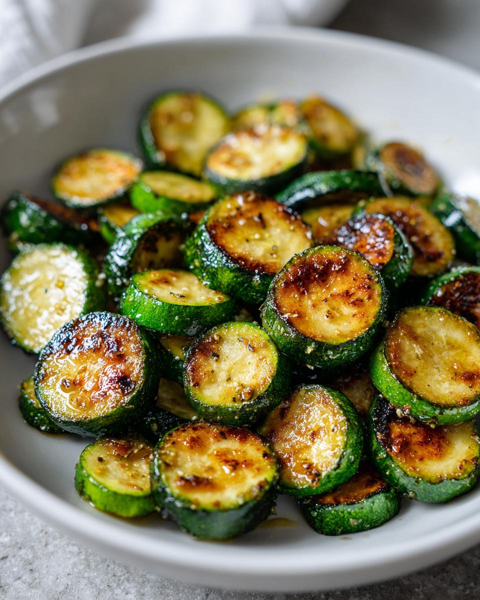Close-up of perfectly browned and seasoned sauteed zucchini slices served in a light gray bowl.
