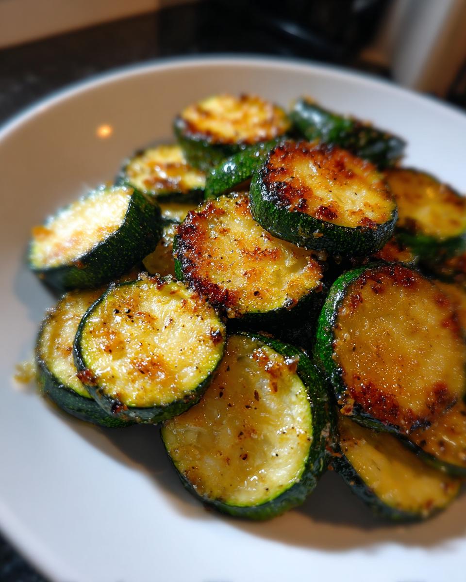 Close-up of golden brown, seasoned, sauteed zucchini slices piled high on a white plate.