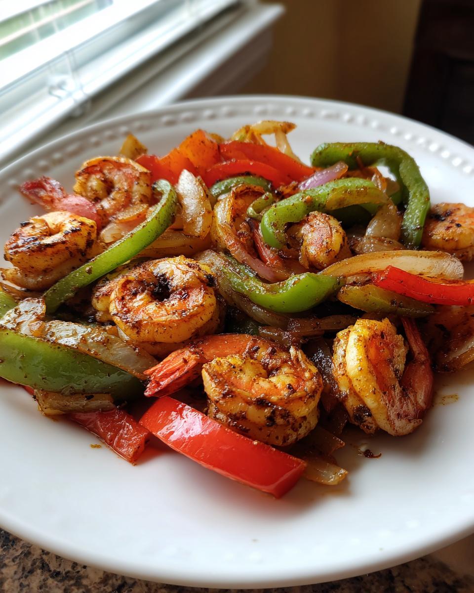 Close-up of seasoned shrimp fajitas with sautéed green peppers, red peppers, and onions on a white plate.