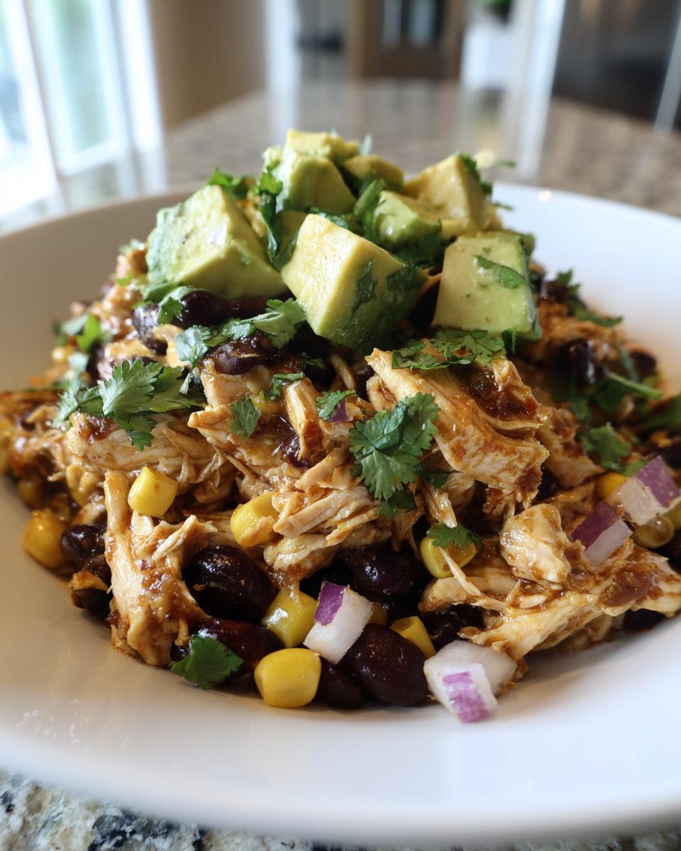 Close-up of a high protein salad featuring shredded chicken, black beans, corn, topped with avocado chunks and cilantro.