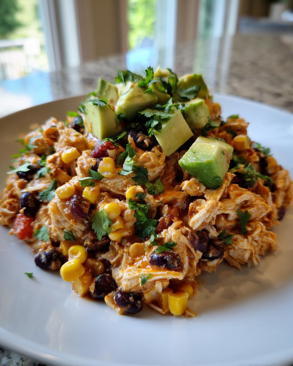 A vibrant high protein salad featuring shredded chicken, black beans, corn, and topped with diced avocado and cilantro.