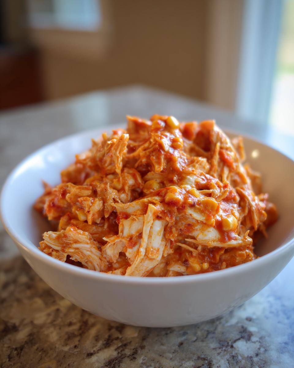 Close-up of shredded chicken coated in orange buffalo sauce and corn, ready for slow cooker buffalo chicken chili.