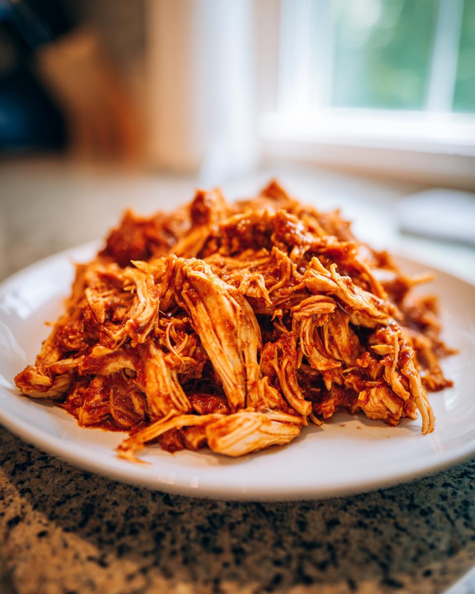 Close-up of shredded chicken tinga coated in rich red sauce piled high on a white plate.