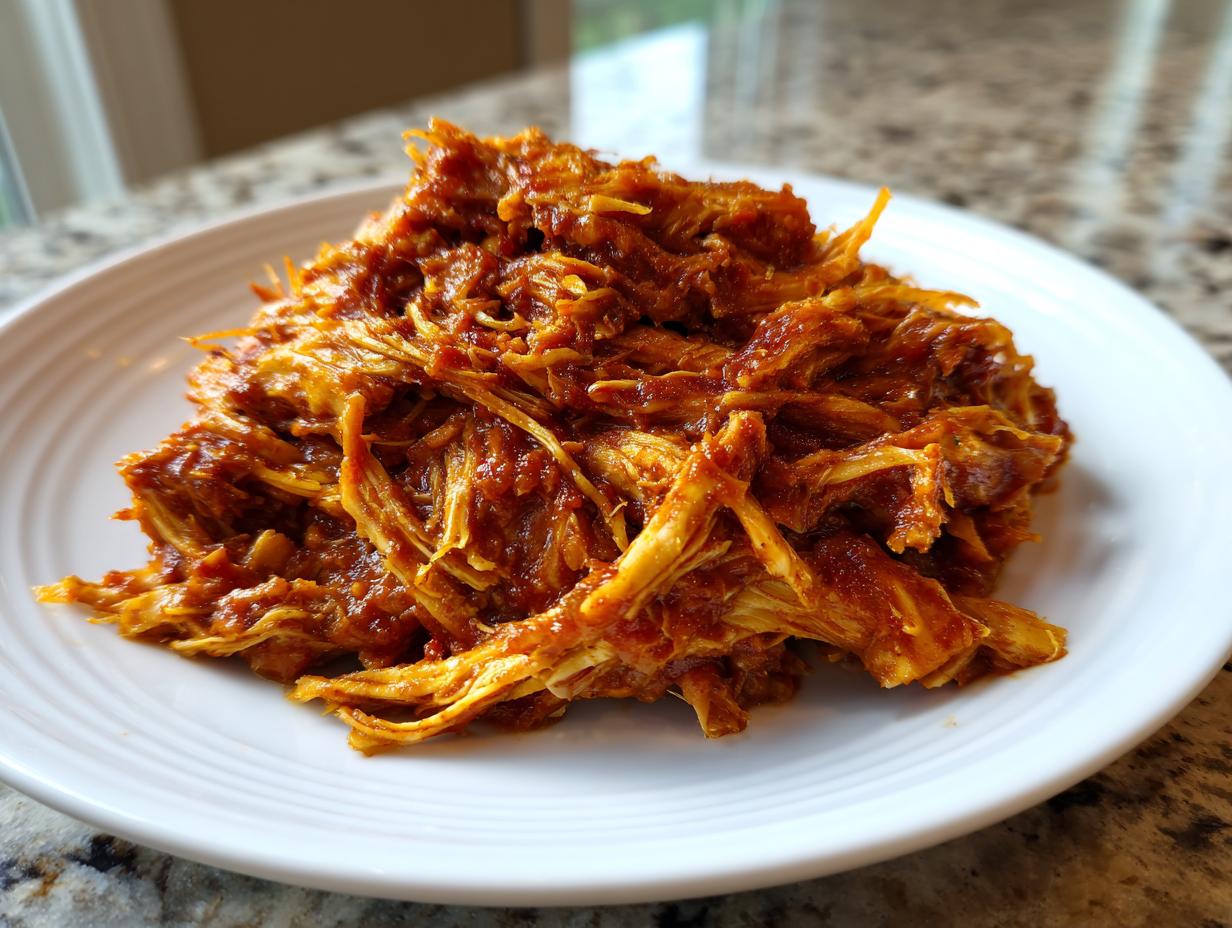 Close-up of shredded chicken tinga piled high on a white plate, coated in a rich, reddish-orange sauce.