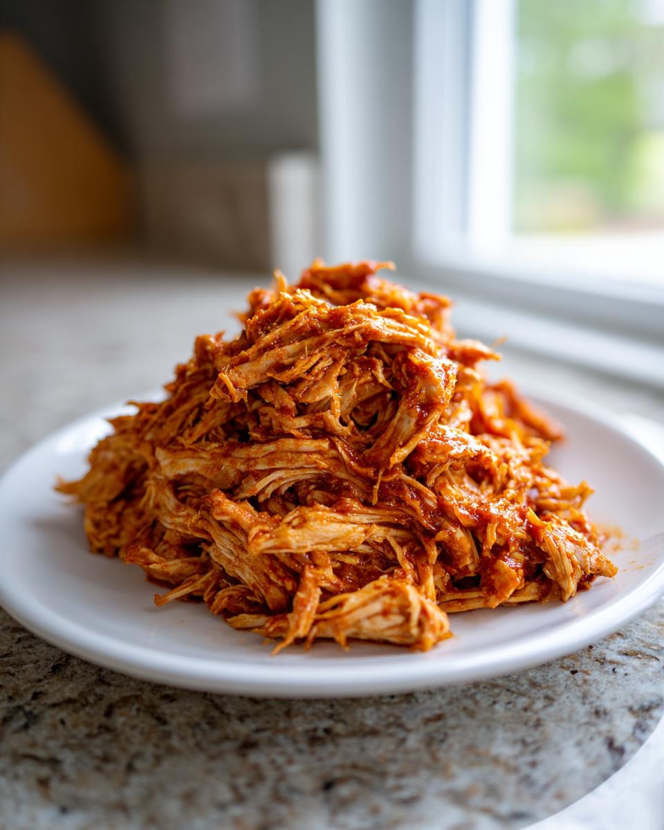 A mound of saucy, shredded chicken tinga piled high on a white plate, ready to serve.