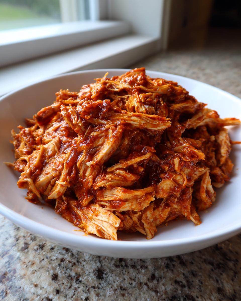 A close-up of shredded chicken tinga coated in rich, red sauce served in a white bowl.