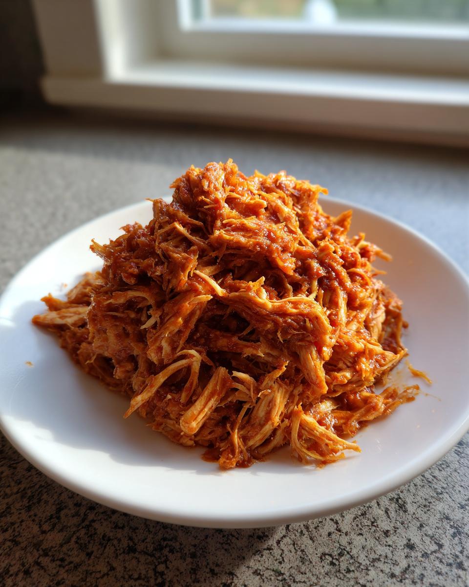 A mound of saucy, shredded chicken tinga piled high on a small white plate.