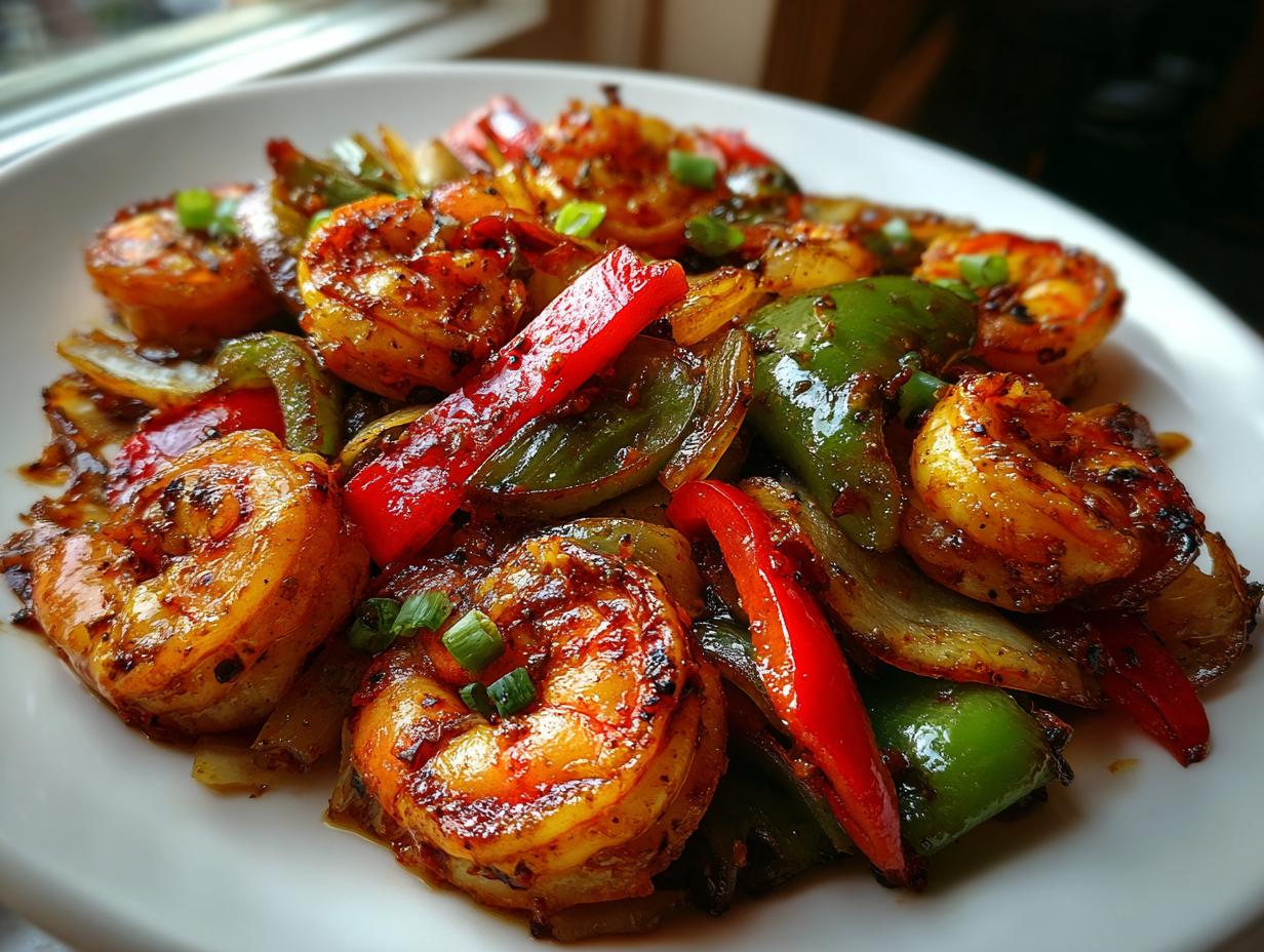 Close-up of perfectly cooked shrimp fajitas featuring seasoned shrimp, red and green bell peppers, and onions on a white plate.
