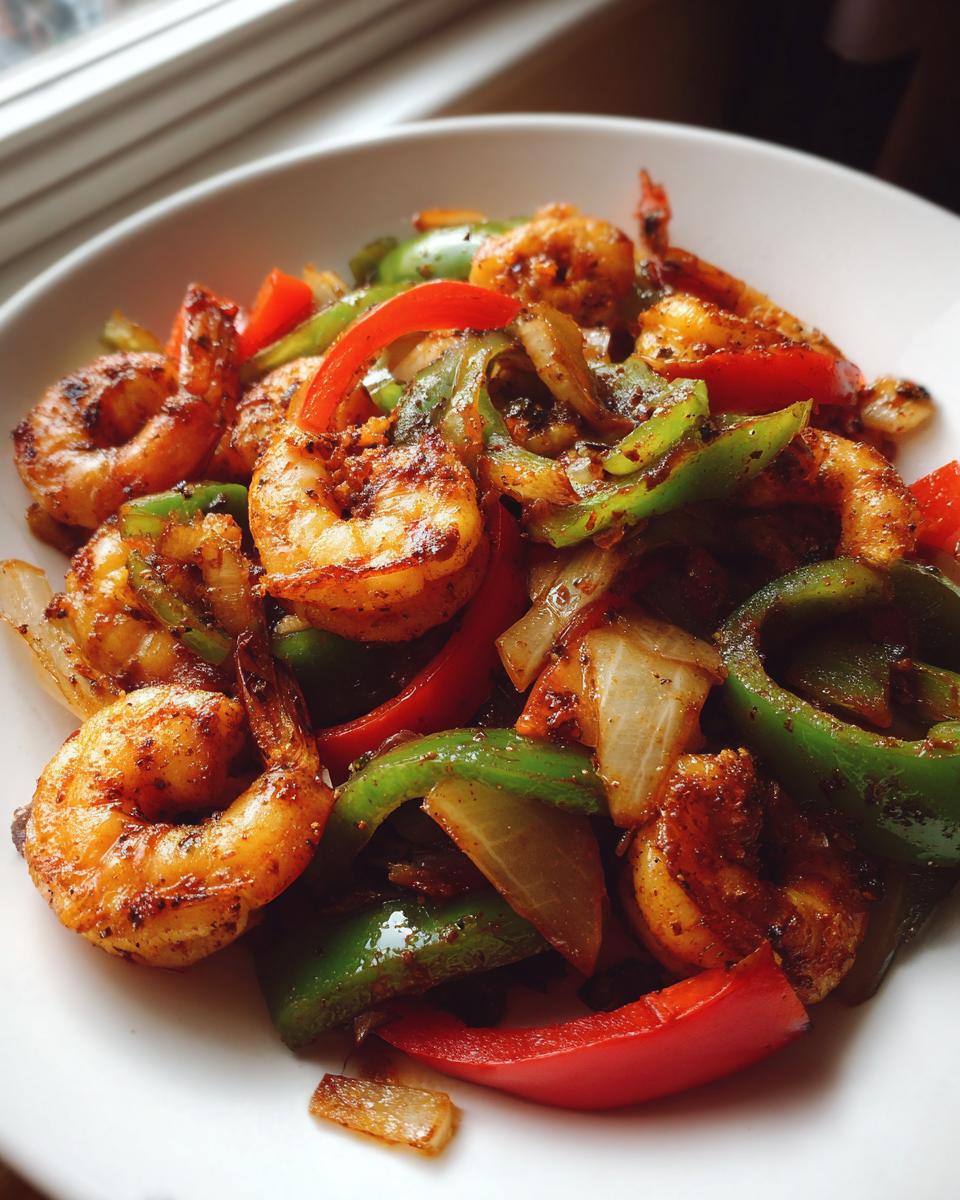 Close-up of seasoned shrimp fajitas featuring perfectly cooked shrimp, green bell peppers, red peppers, and onions in a white bowl.