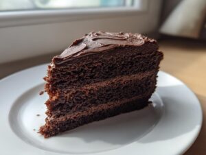 A rich, dark slice of three-layer chocolate cake with thick chocolate frosting served on a white plate.