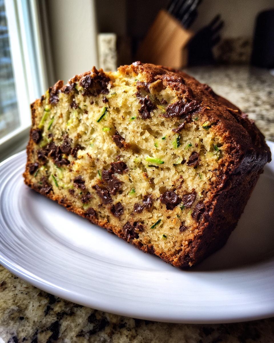 A close-up of a thick slice of moist chocolate chip zucchini bread showing visible green shreds of zucchini and melted chocolate chunks.