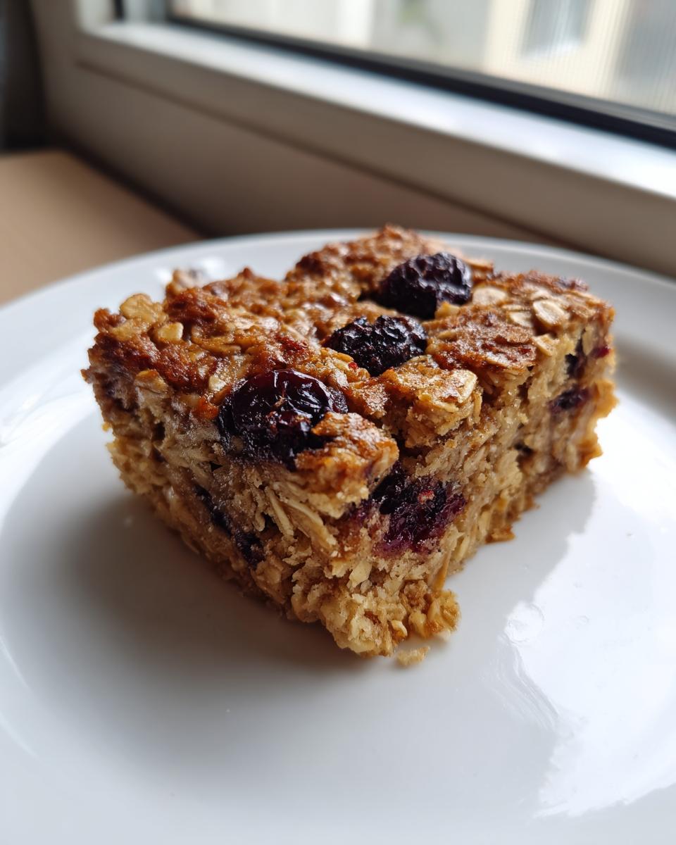Close-up of a square slice of baked oatmeal topped with dried cranberries, served on a white plate.
