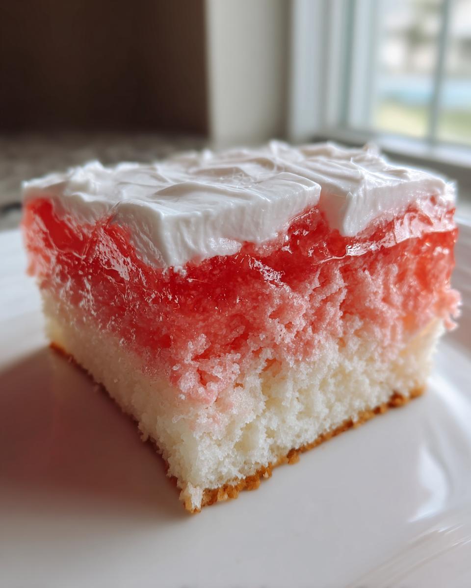 Close-up of a moist slice of jello poke cake showing white cake, soaked with red jello, and topped with white whipped cream.