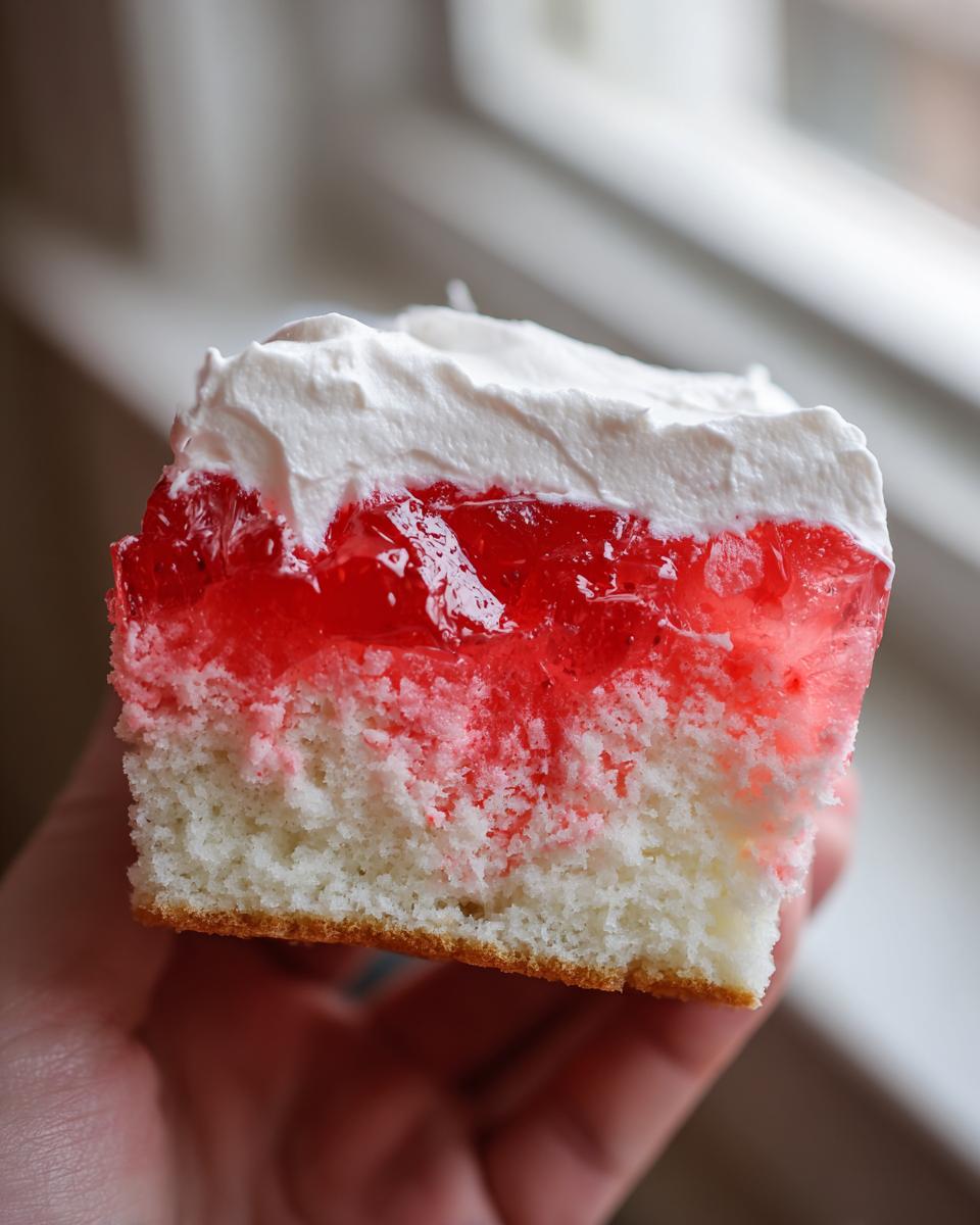 Close-up of a moist slice of jello poke cake showing white cake base, bright red gelatin layer, and white whipped cream topping.