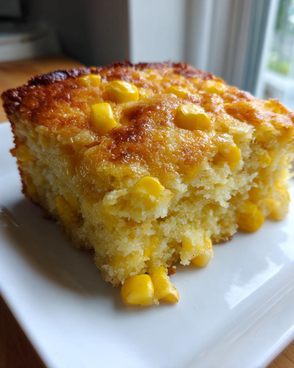 Close-up of a square slice of moist jiffy corn casserole with visible corn kernels and a golden-brown, slightly caramelized top.