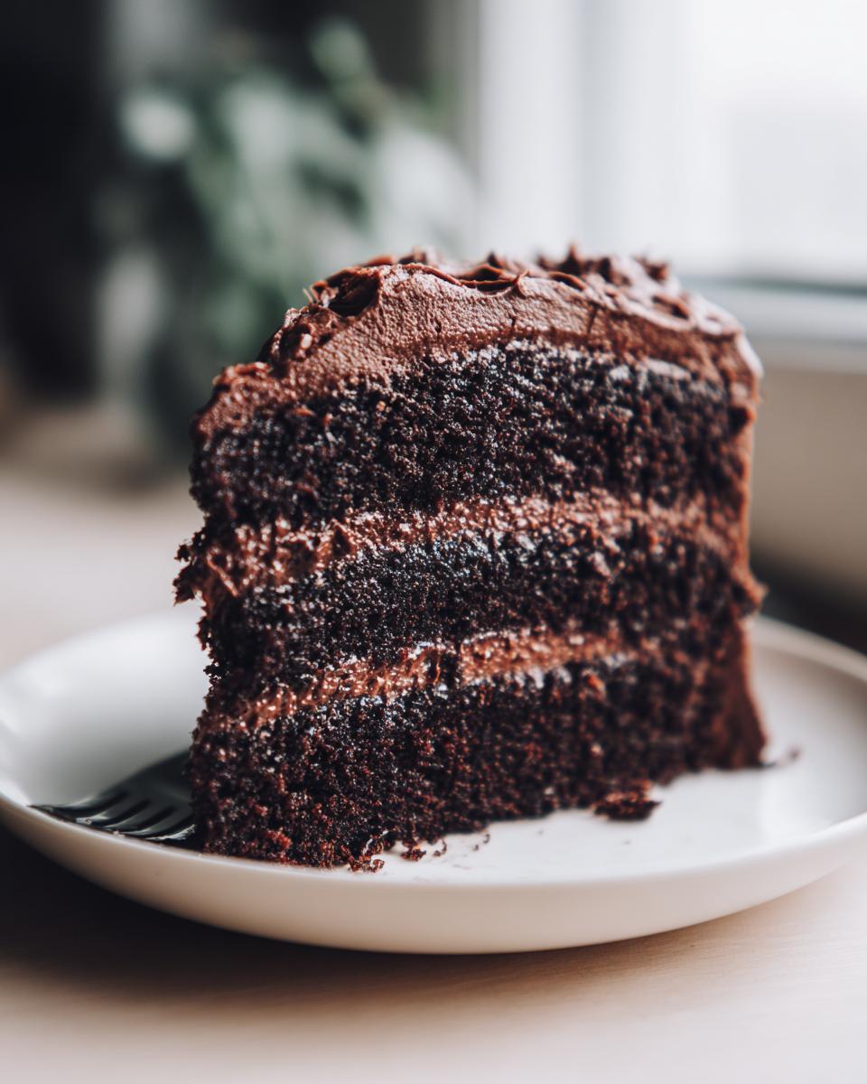 A decadent slice of three-layer chocolate cake with thick chocolate frosting served on a white plate.