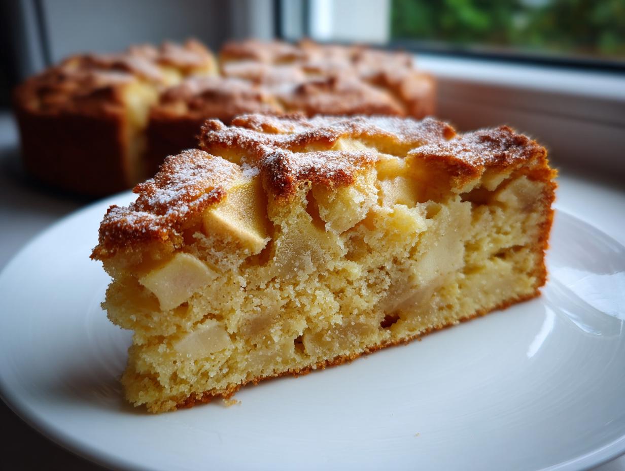 A close-up slice of moist Swedish apple cake, studded with apple pieces and dusted with powdered sugar.