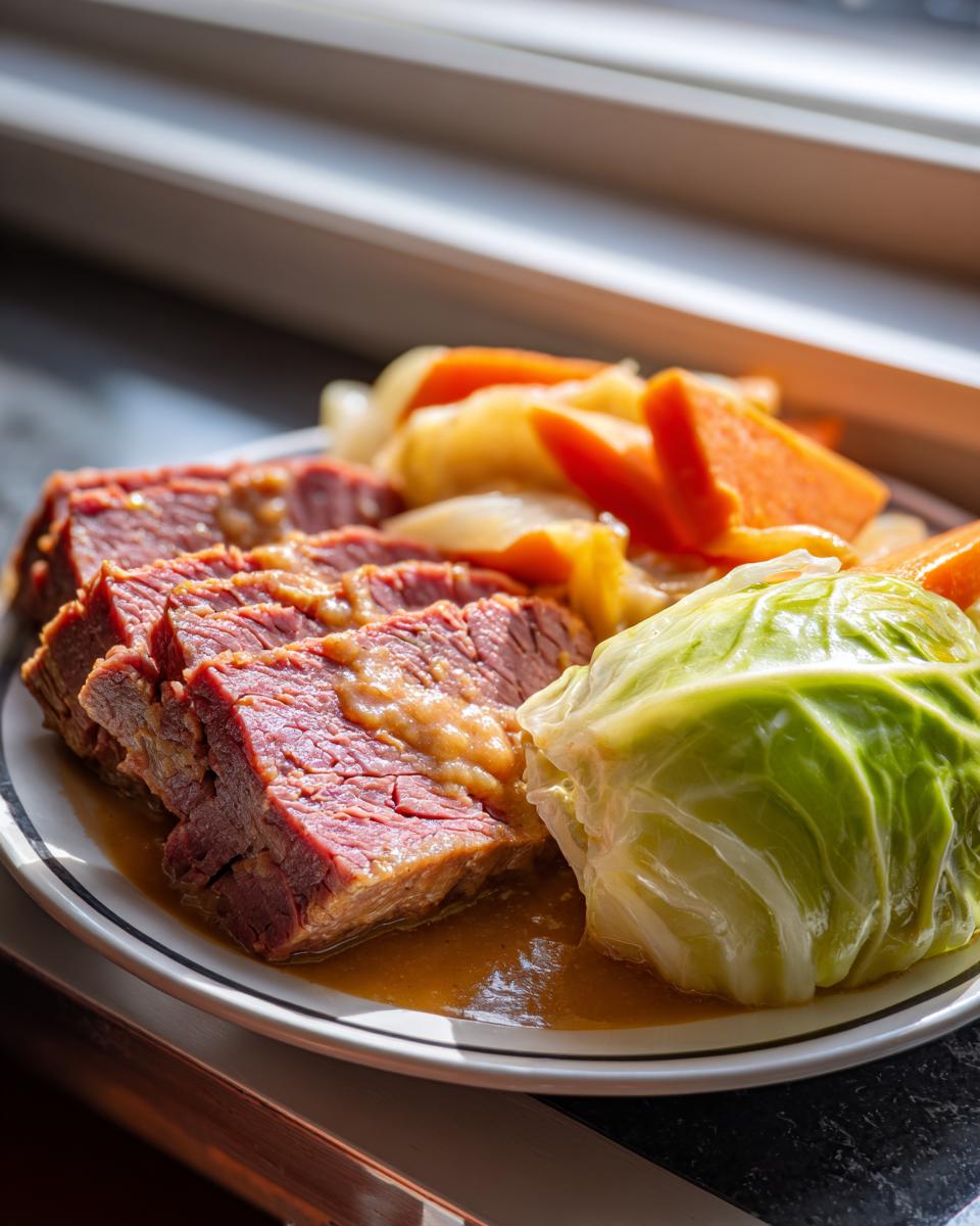 Slices of tender corned beef served with boiled cabbage and carrots, drizzled with glaze.