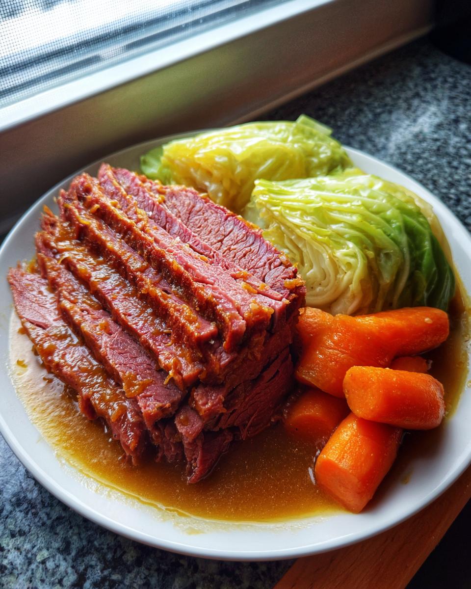 A plate of sliced corned beef covered in glaze, served with boiled cabbage wedges and carrots.