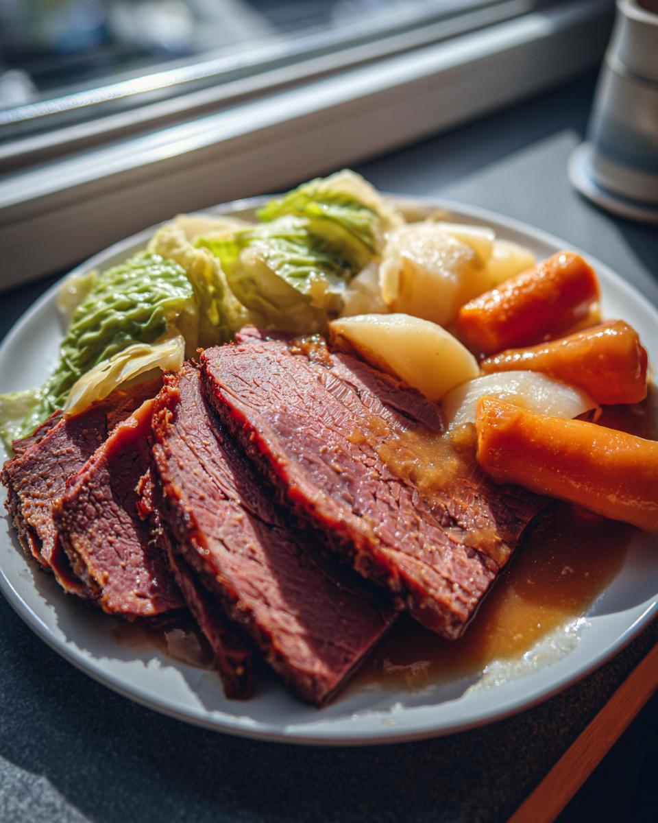 Slices of tender corned beef served with boiled carrots, potatoes, and cabbage, drizzled with gravy.