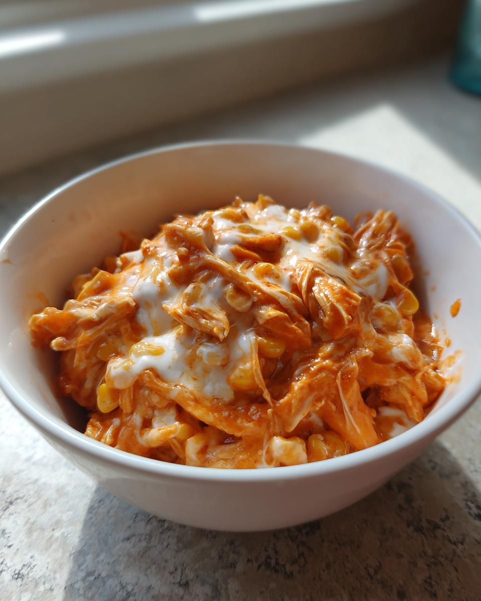 A white bowl filled with rich, orange slow cooker buffalo chicken chili topped with a swirl of white sour cream or cheese.