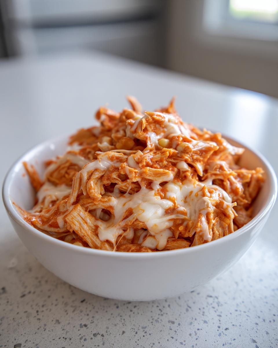 A white bowl filled with shredded, saucy slow cooker buffalo chicken chili topped with melted white cheese.